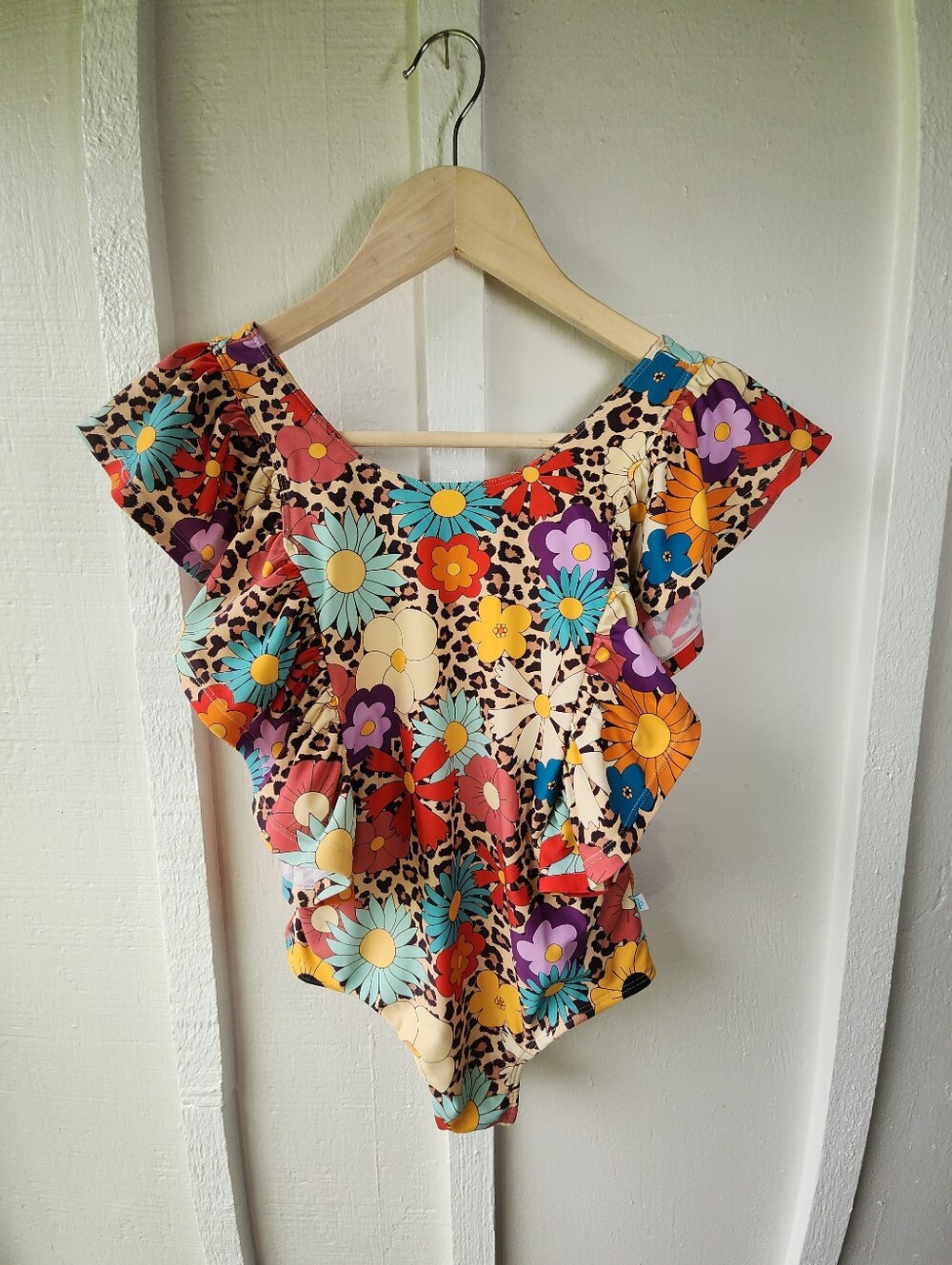 Posh Peanut Moonbeam Multicolor Floral Ruffle Bodysuit Leopard Print Size 10Y
